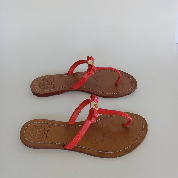 Tory Burch Flat Patent Leather Thong Sandals Women Flip Flop Orange Logo US 7.5 - Picture 7 of 16